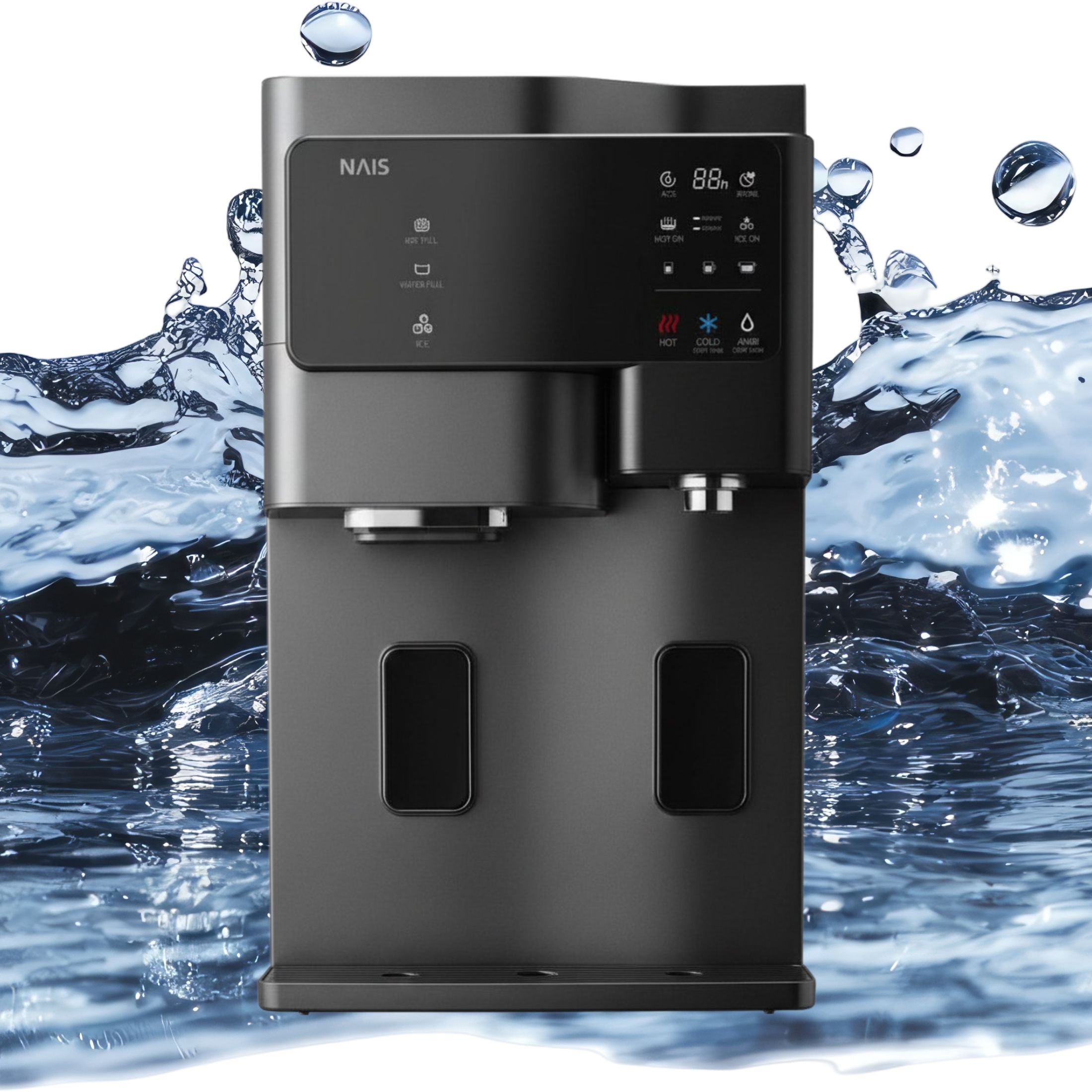 Schwarze Nais Osmoseanlage mit Eiswürfelfunktion – gefiltertes Trinkwasser, Eis, heiß und kalt.