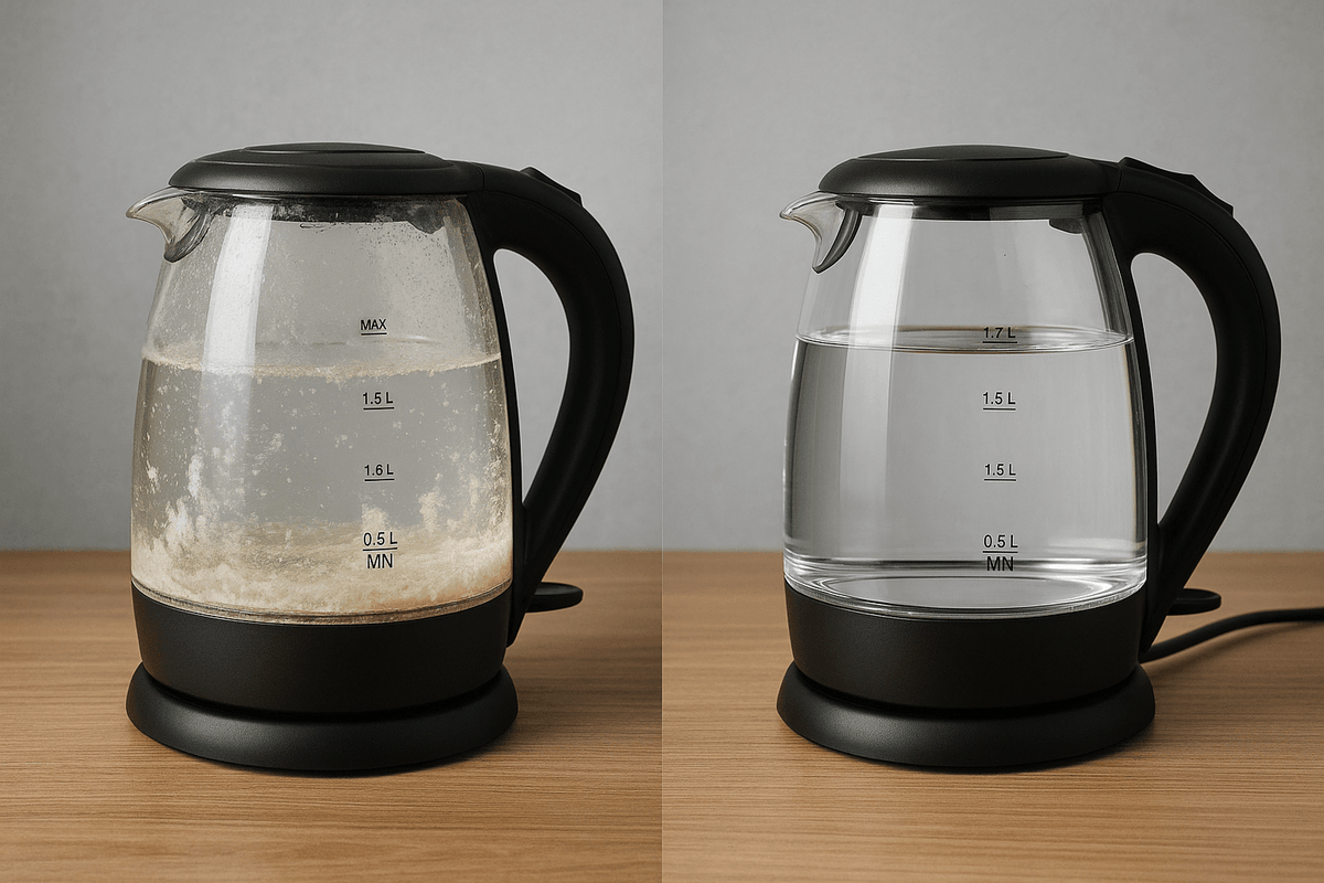 Verkalkter Wasserkocher im Vergleich zu Wasserkocher mit Osmosewasser – kein Kalk durch gefiltertes Wasser.
