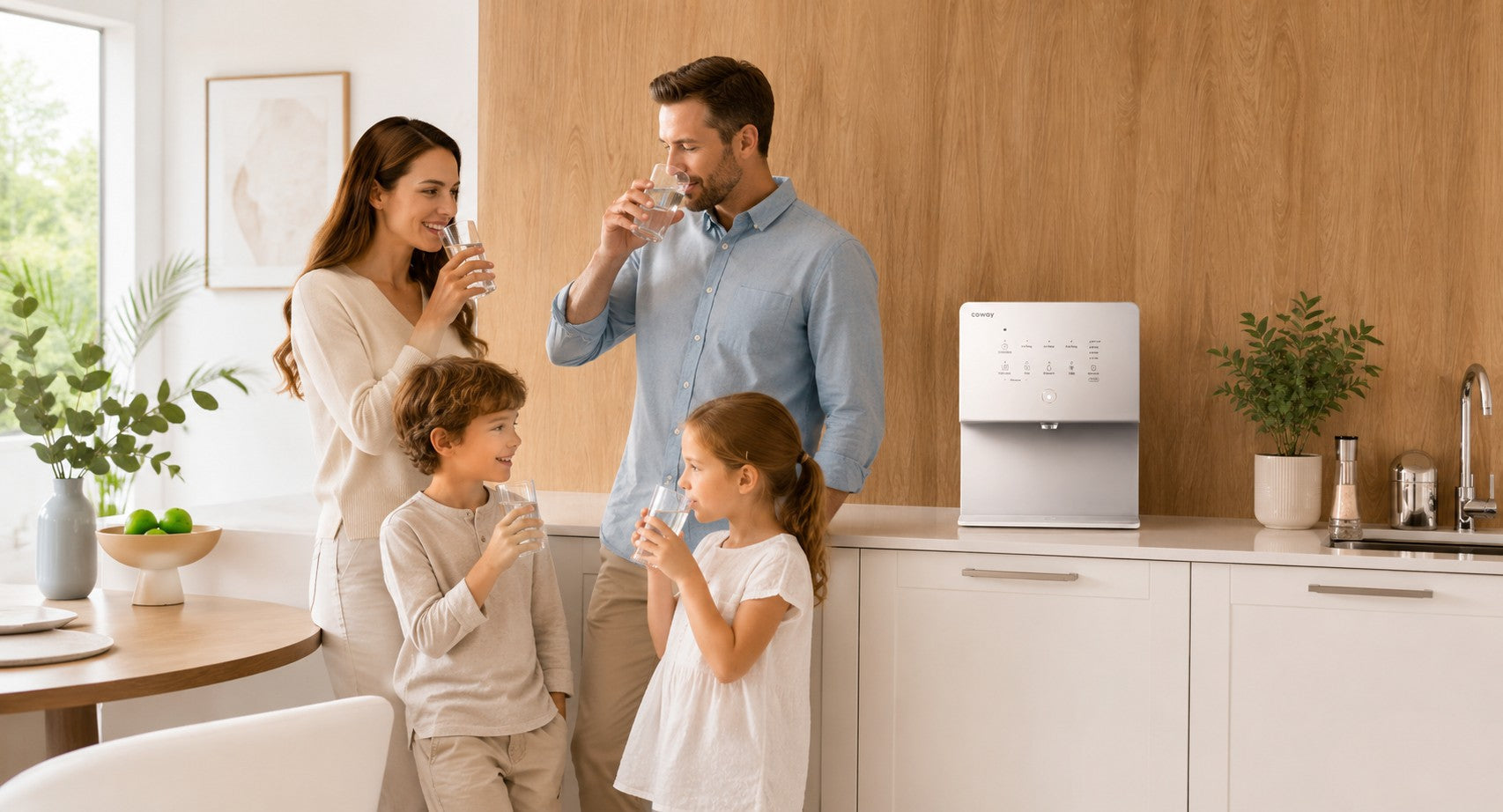 Osmoseanlage für Zuhause mit Glas Trinkwasser in moderner Küche